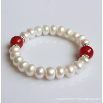 Bracelet élastique en perles d&#39;eau douce à l&#39;agate rouge (EB1579)